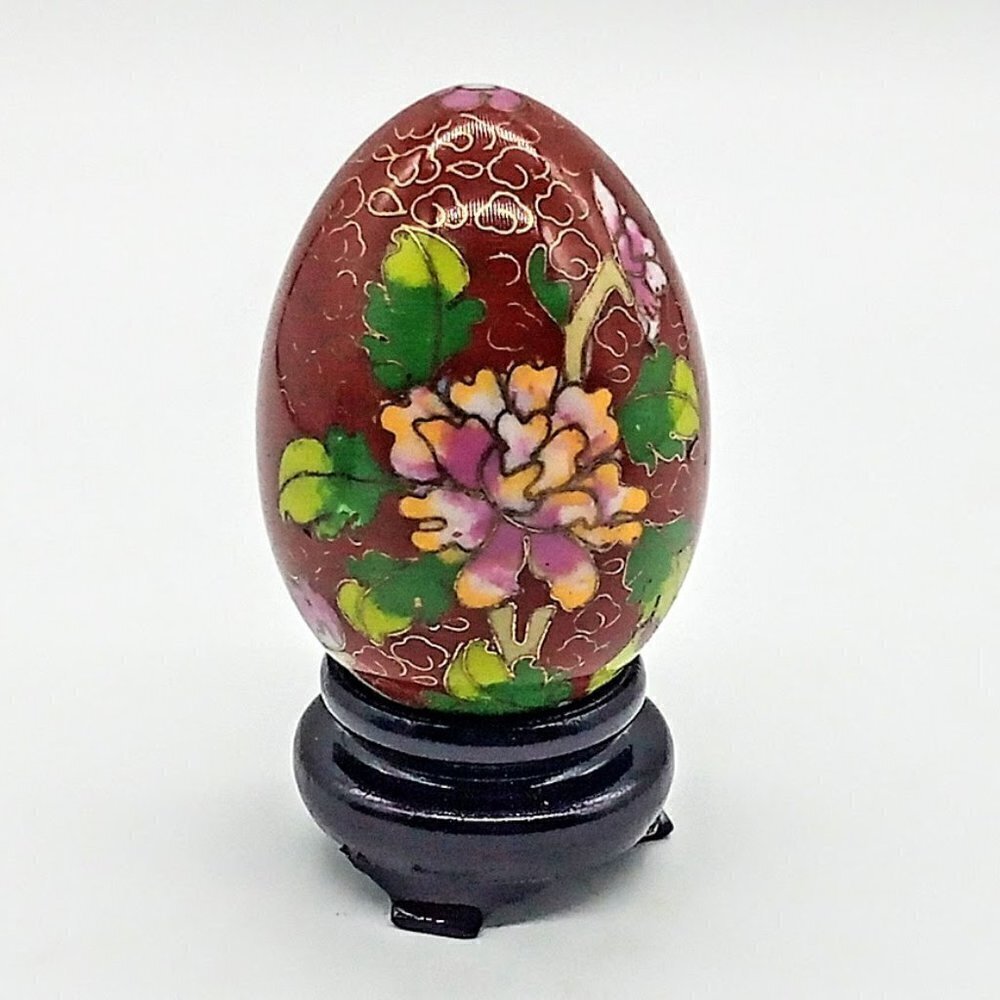 Chinese Red Floral Cloisonne Egg & Stand